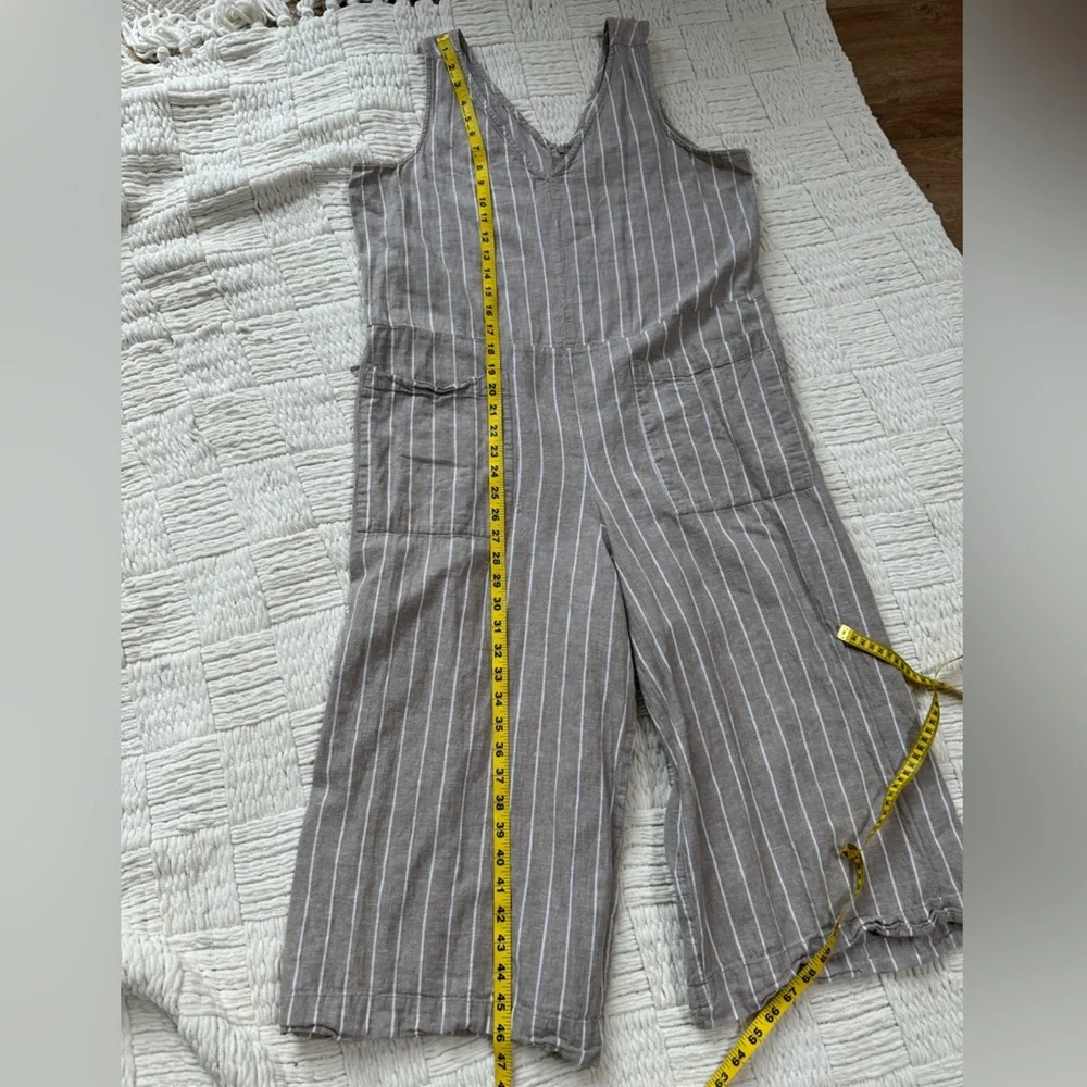 Beachlunchlounge cotton linen taupe and white vertical striped wide leg jumpsuit